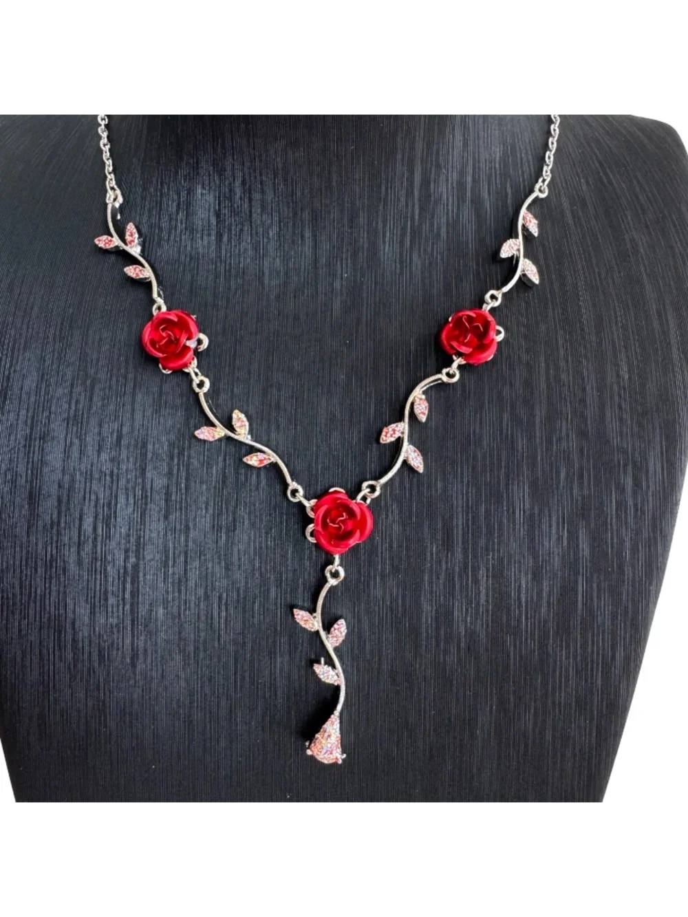 Vintage Red Rose Enamel Necklace Y Drop Crystal Leaf Silver Tone Floral 15